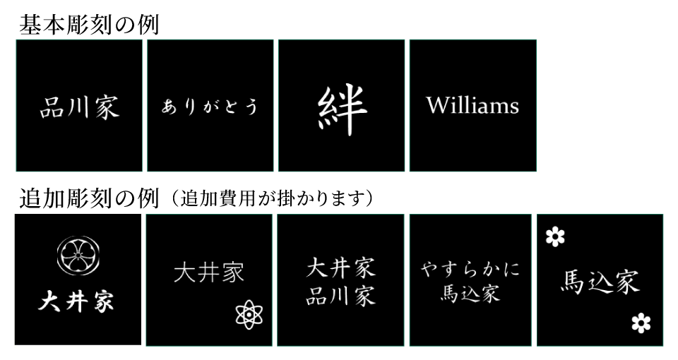 基本彫刻の例、追加彫刻の例（追加費用が掛かります）